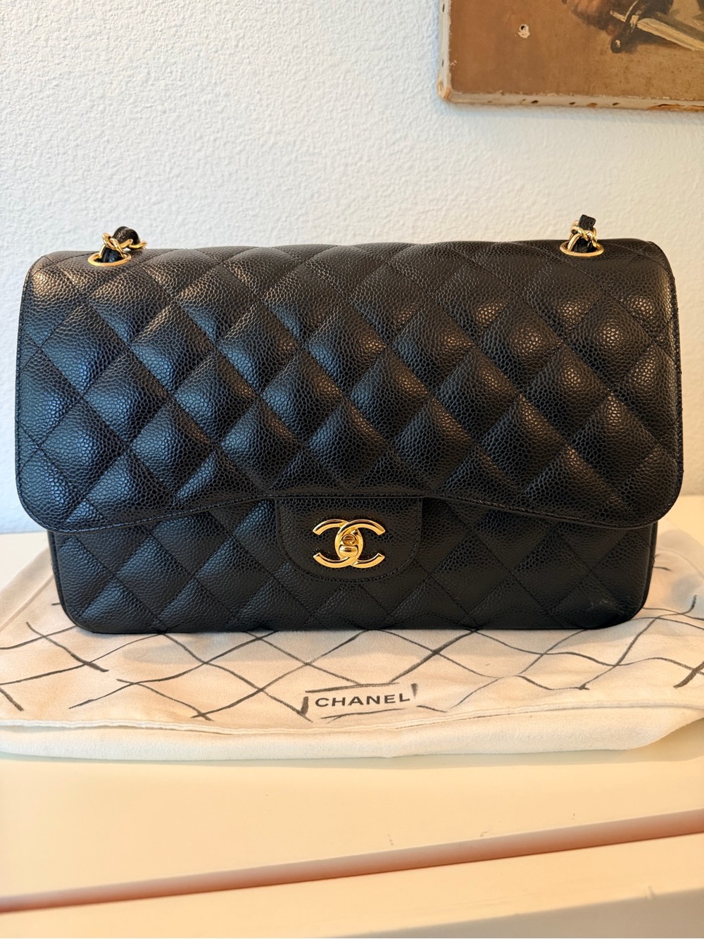 Authentic CHANEL Jumbo (Large) Classic flap bag - Black Caviar with Gold